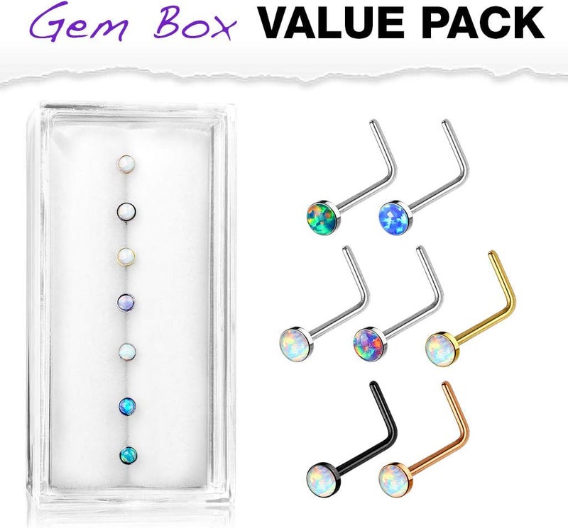 FifthCue 20G Synthetic Opal Set Flat Top PVD Over 316L Surgical Steel L bend Stud Nose Rings - Image 1